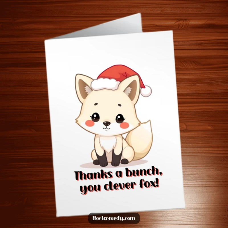 Free Printable Thank You Card: A playful arctic fox character wearing a tiny Santa hat, offering thanks.