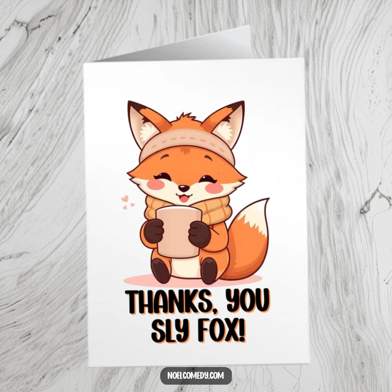Funny Free Printable Thank You Card: A happy fox in a scarf holding a steaming mug, offering thanks.