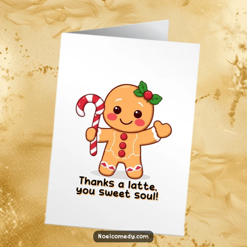 Funny Free Printable Thank You Card: A gingerbread man with a candy cane sending sweet thanks, a perfect DIY gift.