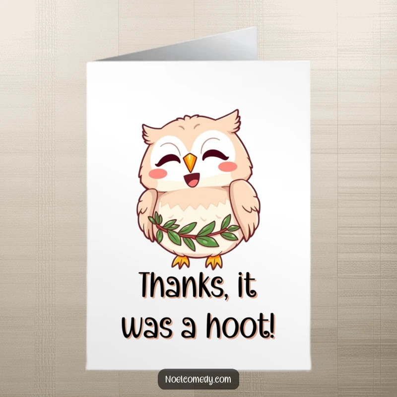 Funny Free Printable Thank You Card: Joyful Owl Wearing a Wreath Around its Neck, Hooting Merrily with Thanks