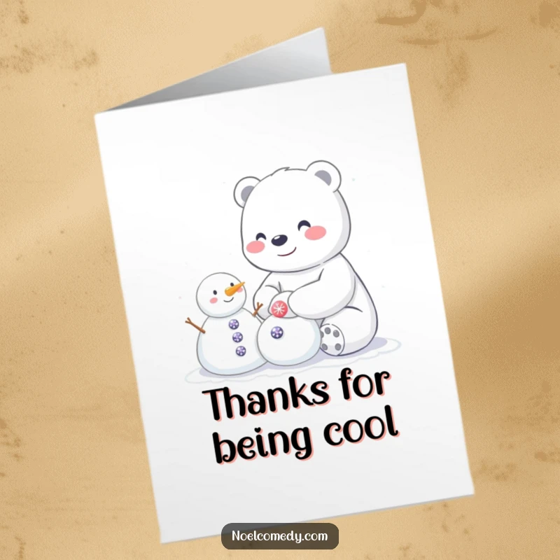 Funny Free Printable Thank You Card: Happy Polar Bear Building a Snowman with Sparkly Buttons