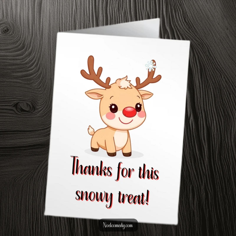Funny Free Printable Thank You Card: A smiling reindeer with a red nose catching a snowflake, offering thanks.