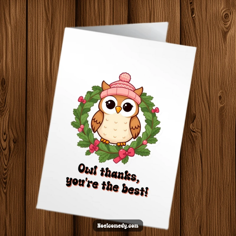 Funny free printable thank you card showing a cheerful owl on a wreath, saying thanks with style.