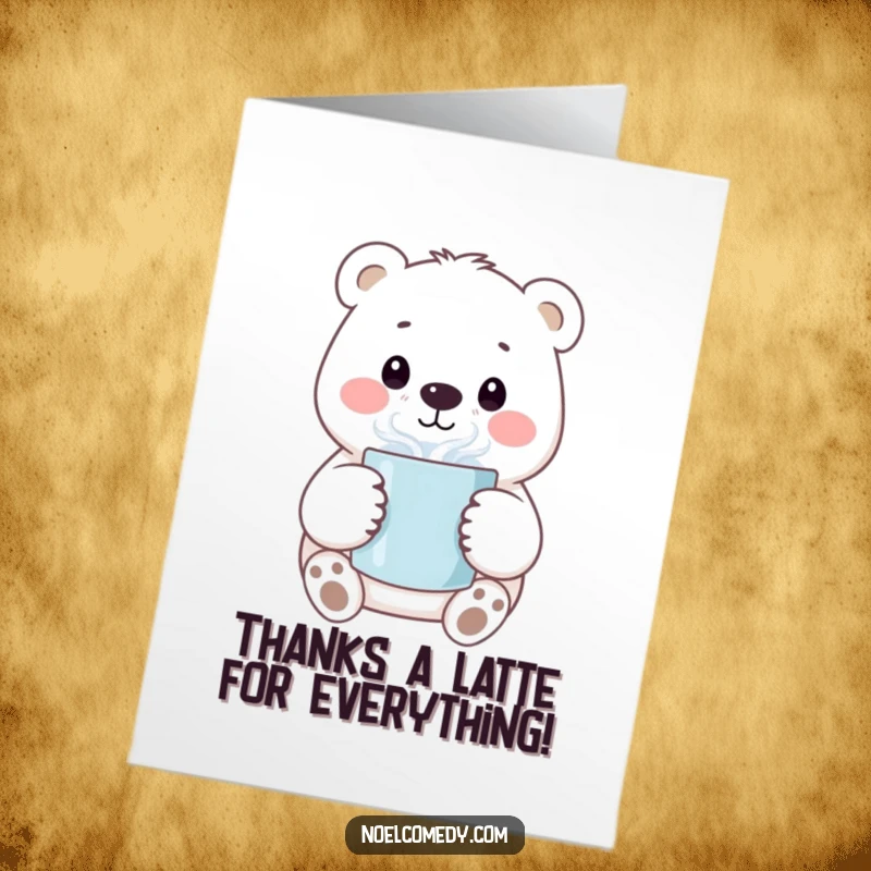 Funny Free Printable Thank You Card featuring a smiling polar bear holding a warm, steaming mug, expressing gratitude with humor.