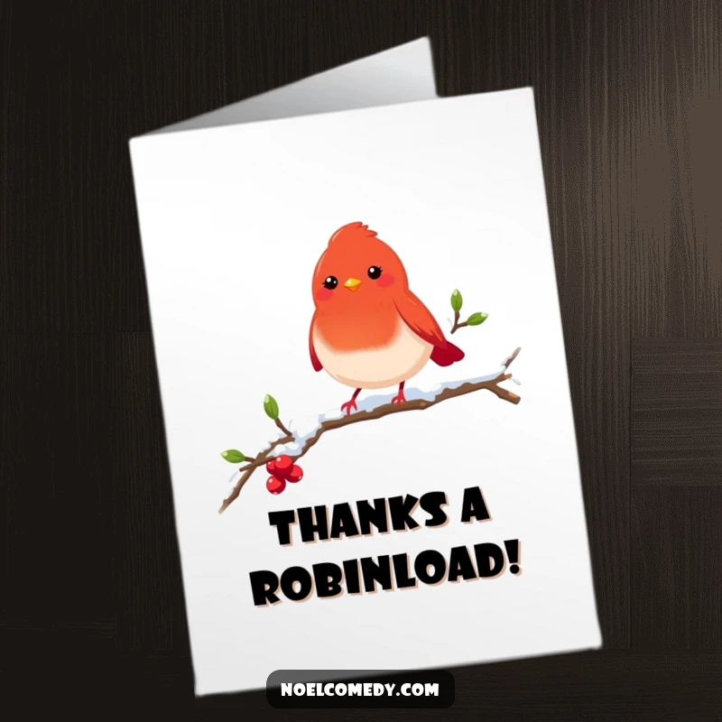 Free Printable Thank You Card: A cheerful red robin lands on a snowy branch to express thanks.
