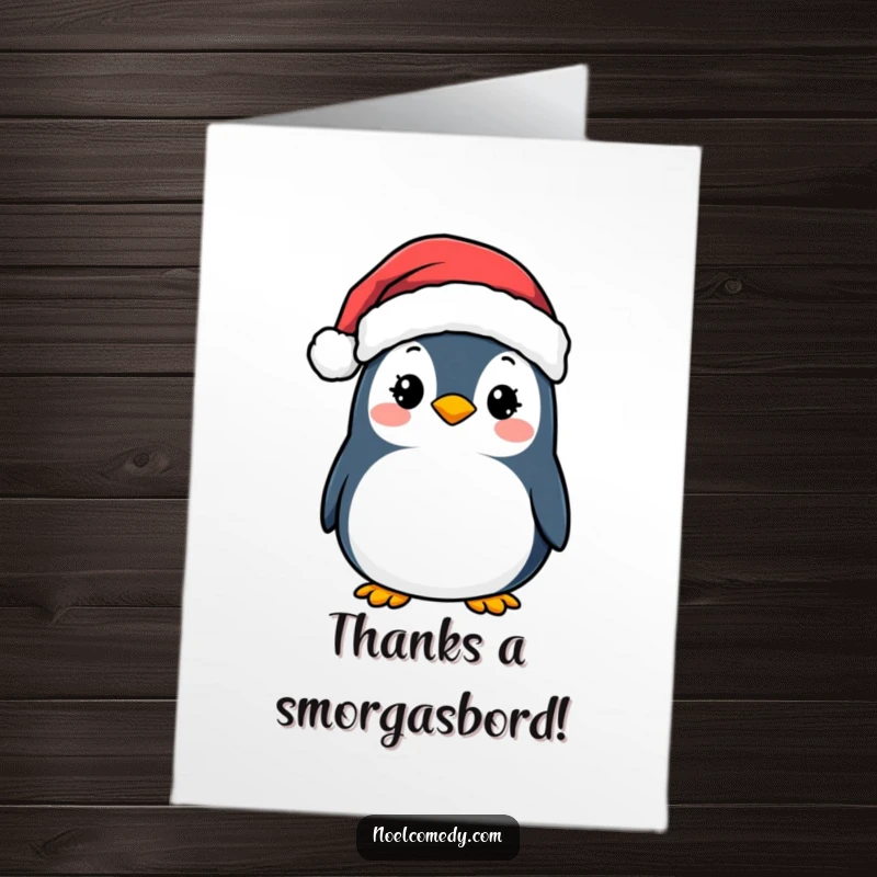 Funny Free Printable Thank You Card: A penguin in a Santa hat, sending warm wishes and thanks.