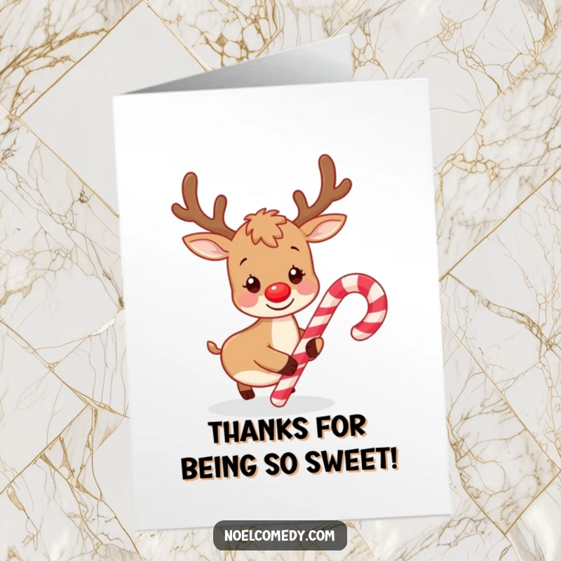 Funny Free Printable Thank You Card featuring a playful reindeer nudging a candy cane, perfect for sweet thank yous.