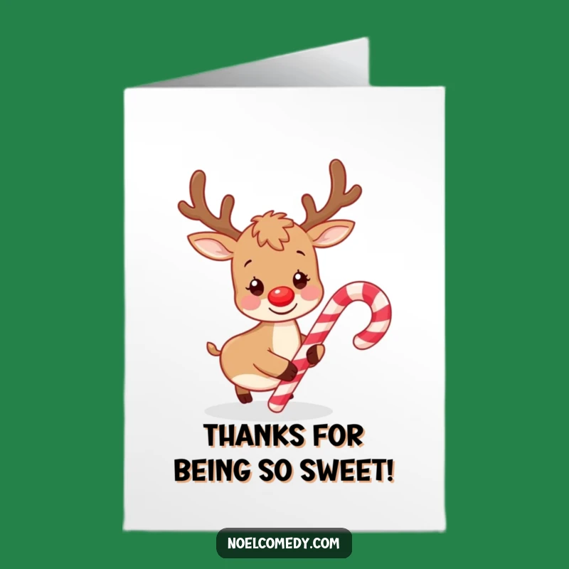 Free Printable Thank You Card: Reindeer Nudging Candy Cane Funny Downloadable Gift