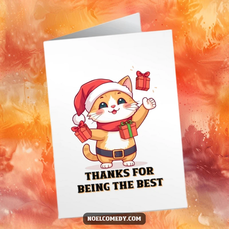 Funny Free Printable Thank You Card: A cheerful cat dressed as Santa juggles tiny wrapped gifts, sending thanks.