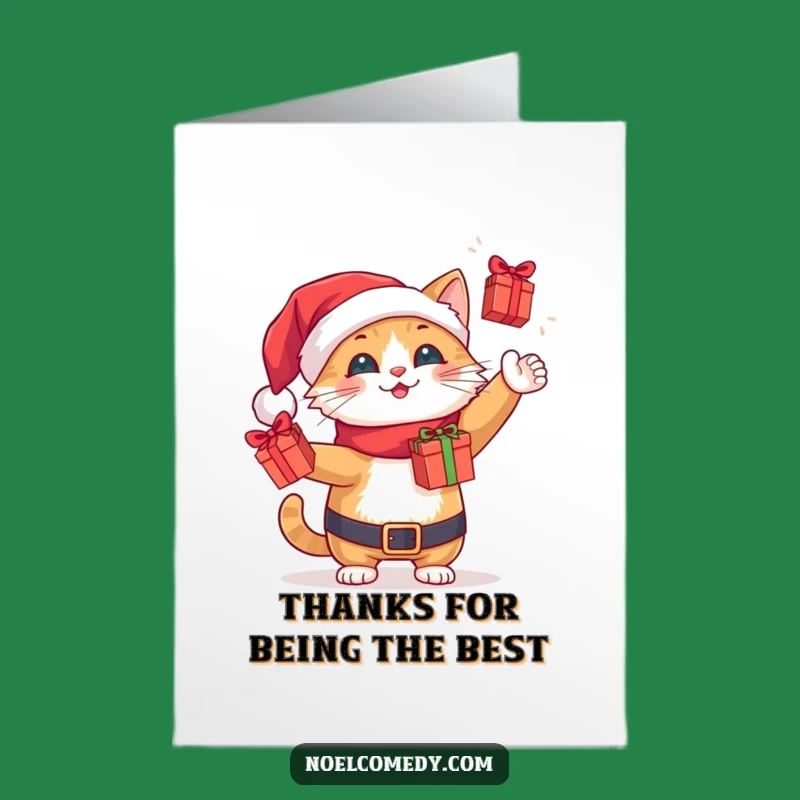 Free Printable Thank You Card: Funny Santa Cat Juggling Gifts, Downloadable & Print at Home