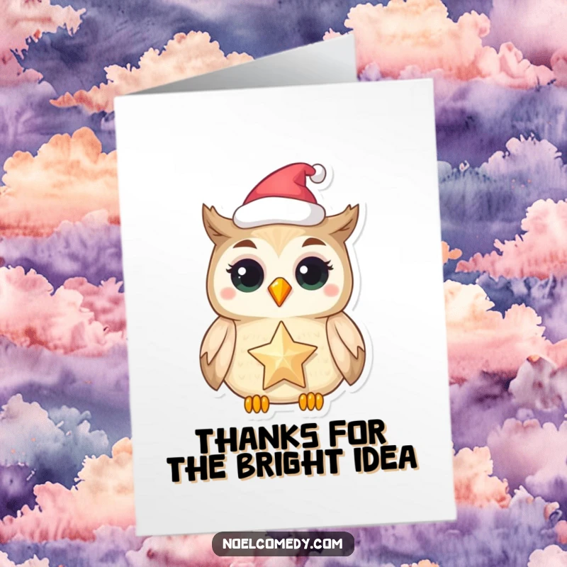Funny Free Printable Thank You Card: A delighted owl in a festive hat holds a shimmering star, expressing heartfelt thanks.