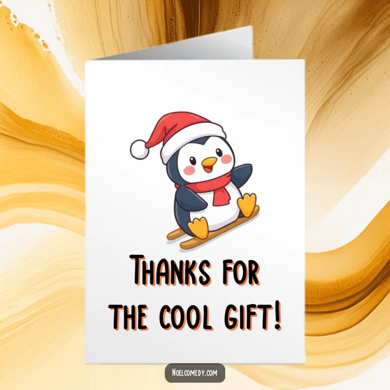 Funny Free Printable Thank You Card: A happy penguin in a Santa hat joyfully sliding down a snowy hill.