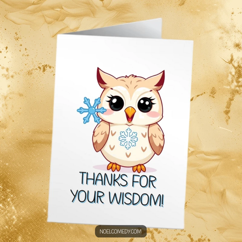 Funny Free Printable Thank You Card: A happy owl hooting with a snowflake, sending thanks.