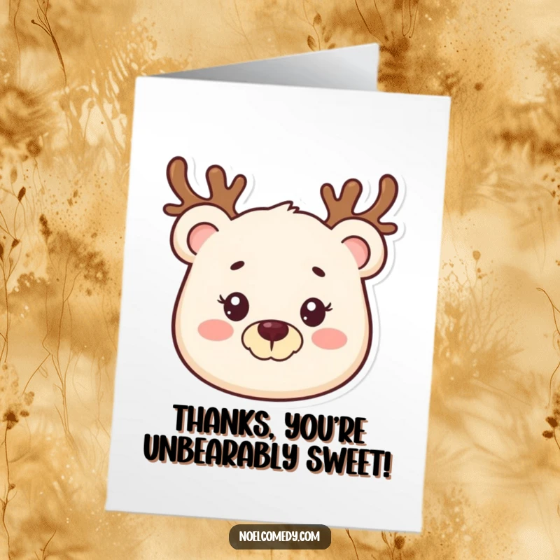Funny Free Printable Bear Thank You Card: Smiling bear wearing a reindeer antler headband, conveying thanks. Heartfelt downloadable note.