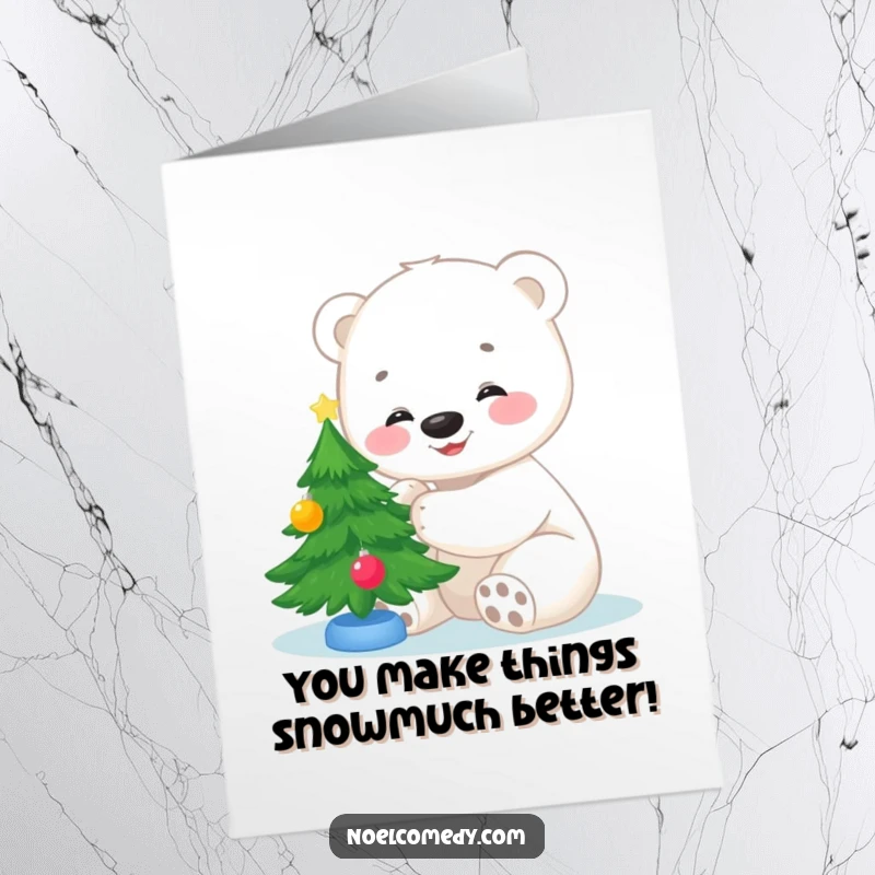 Funny Free Printable Thank You Card featuring a smiling polar bear cub decorating a mini Christmas tree with festive joy.