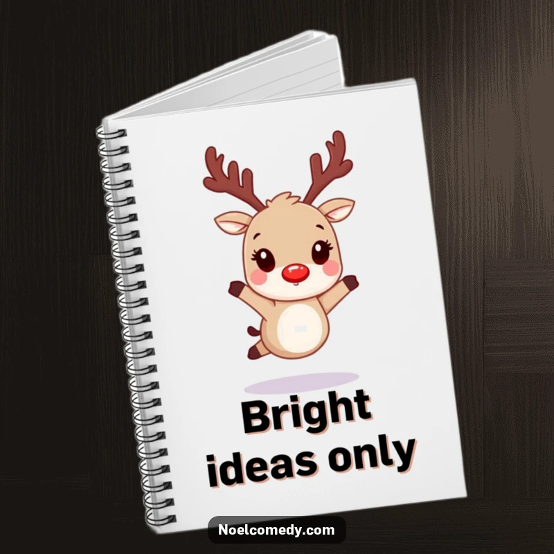 Funny notebook with a hopping reindeer character with glowing red nostrils, ideal for jotting holiday notes.