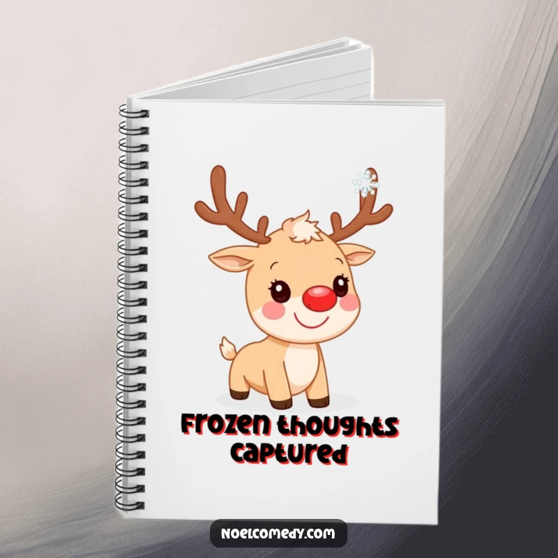 Funny Notebook: A smiling reindeer with a red nose catching a snowflake, designed for jotting down holiday notes with charm.