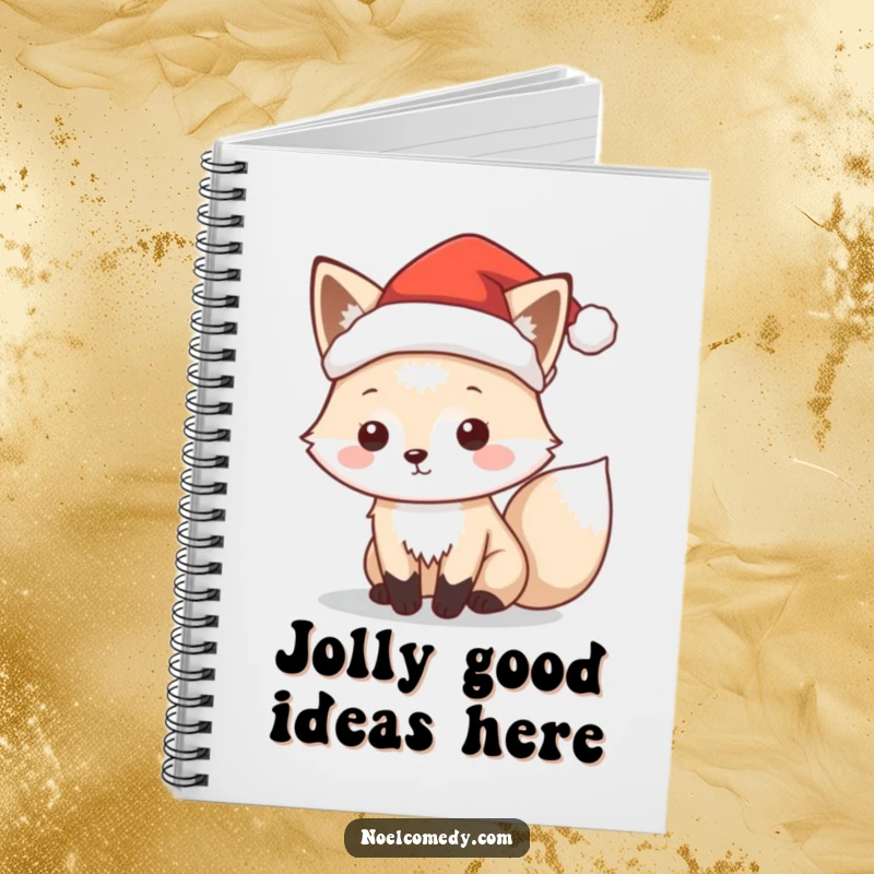 Funny notebook with a playful arctic fox character wearing a tiny Santa hat, ideal for jotting notes.