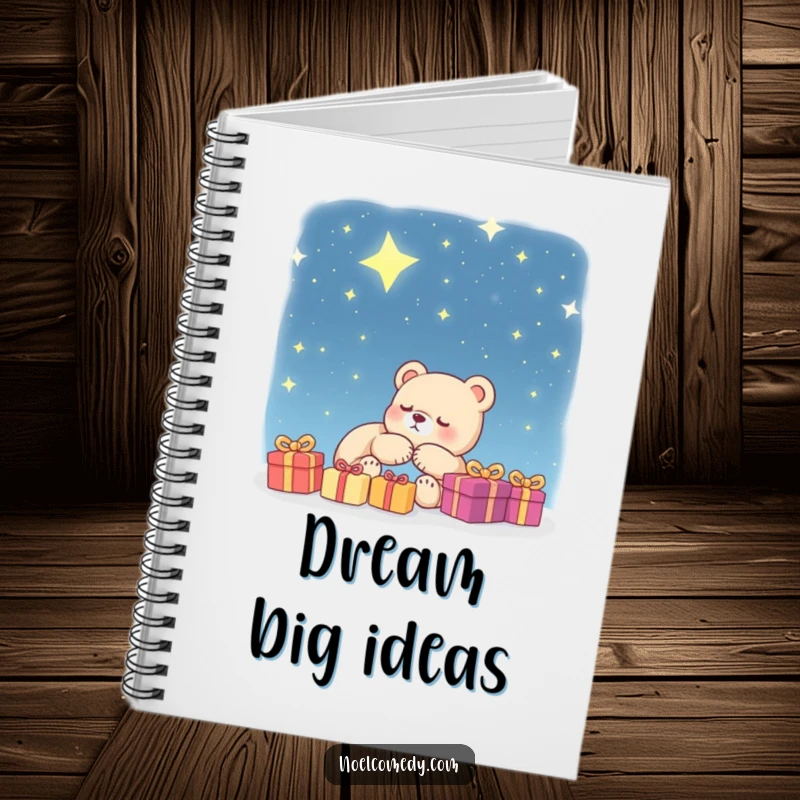 Funny Notebook: A sleeping bear cub dreams of presents under a starry sky, perfect for journaling dreams and ideas humorously.