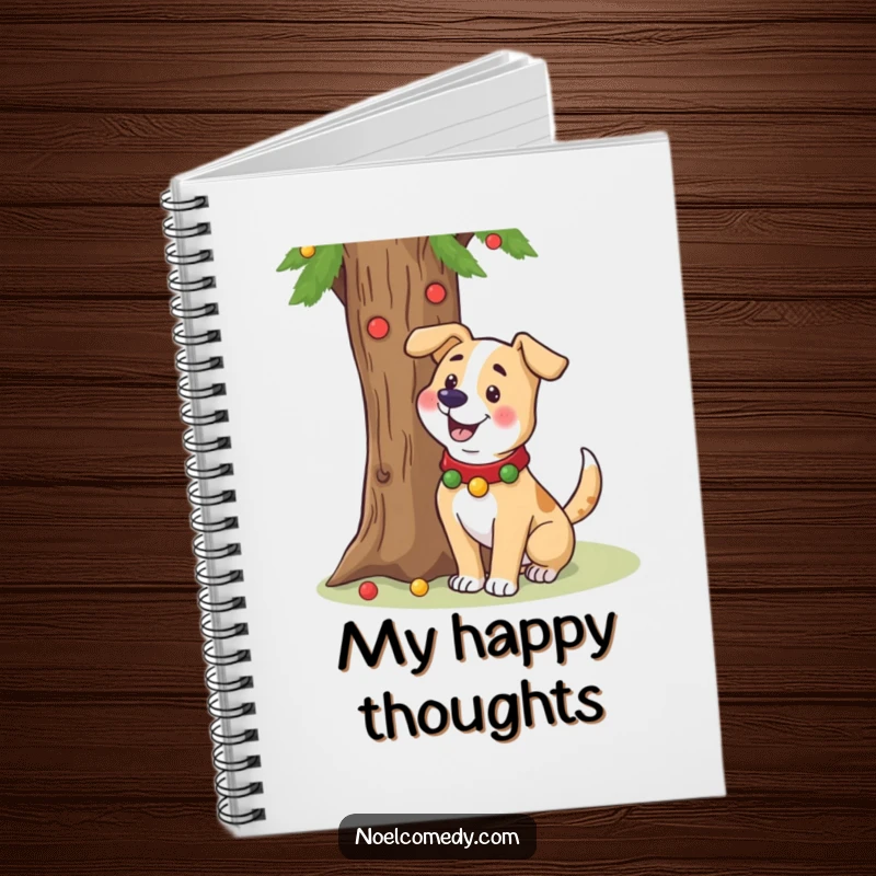 Funny notebook featuring a cheerful dog in a festive collar wagging its tail near a holiday tree.