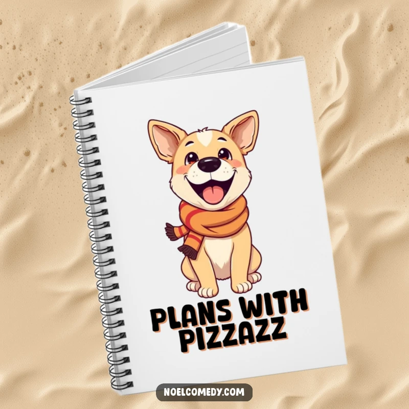 Funny Notebook: An excited dog wearing a festive scarf, perfect for jotting down cheerful thoughts and happy ideas.