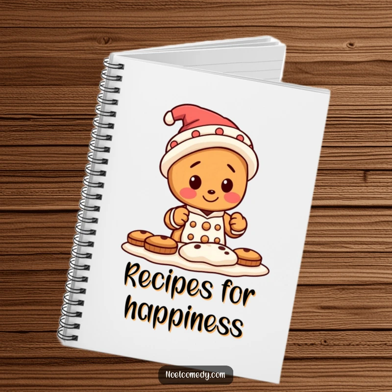 Funny notebook cover depicting a tiny gingerbread man wearing a silly hat, baking cookies, ready for recipe notes.