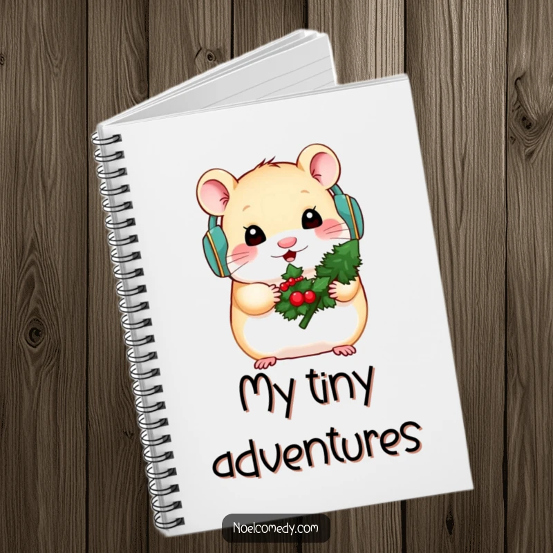 Funny notebook cover with a hamster wearing earmuffs and holding a mini evergreen, great for notes.