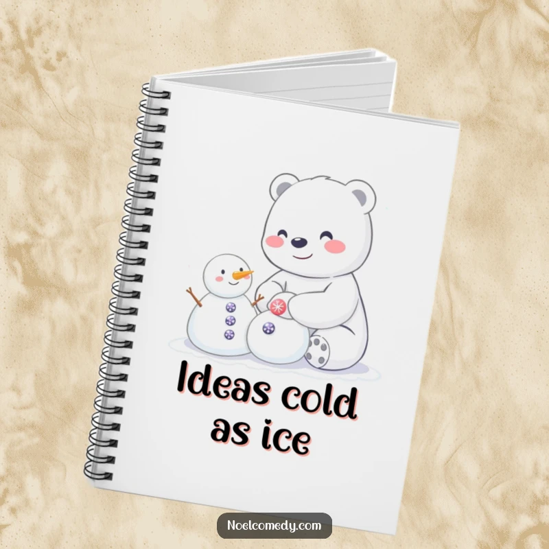 Funny notebook with a happy polar bear building a small snowman with sparkly buttons, perfect for winter notes.