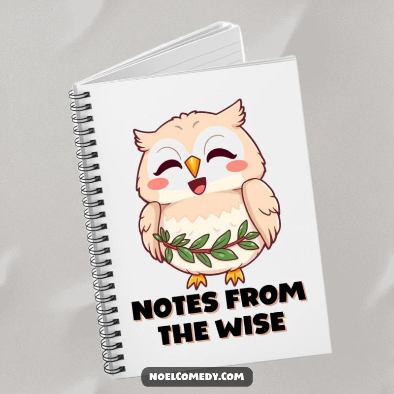 Funny notebook with a joyful owl with a wreath around its neck, hooting merrily, perfect for wise notes.