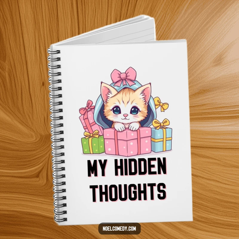 Funny Notebook cover with a playful kitten peeking from under wrapped Christmas gifts, ready for notes.