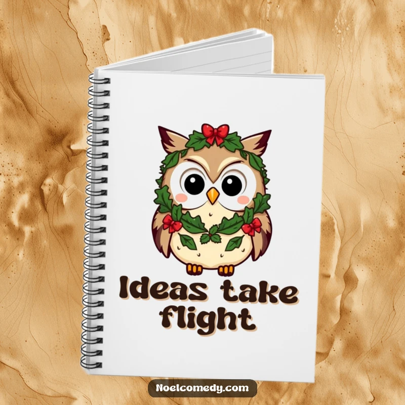 Funny owl notebook featuring a curious character with a festive wreath, perfect for notes, journaling, and holiday planning.