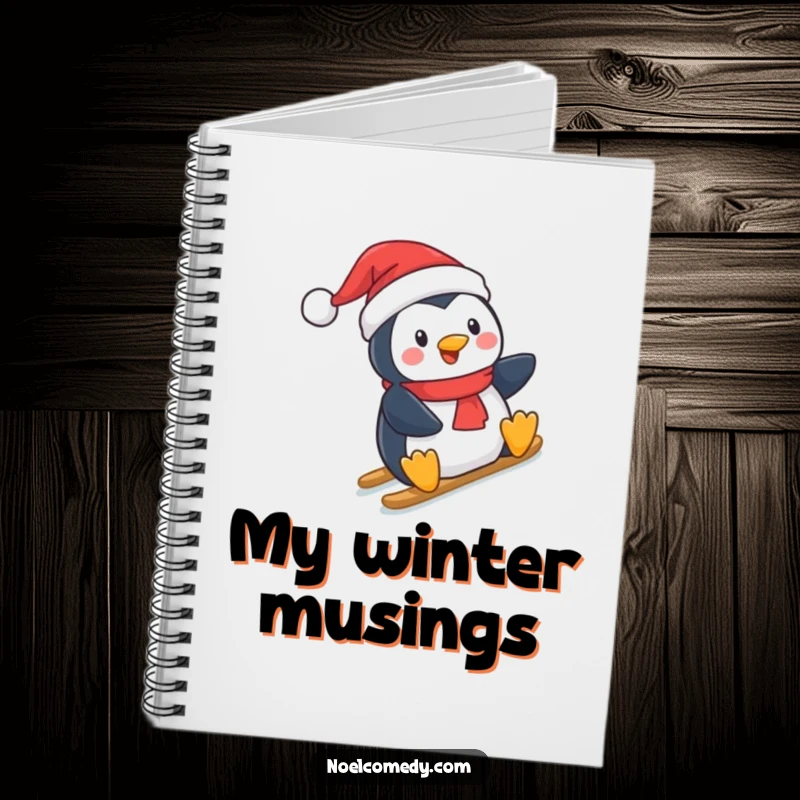 Funny Notebook: A cheerful penguin on a slide, designed for jotting down holiday notes and wishes, bringing festive fun.