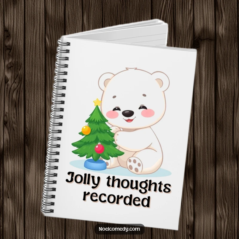 Funny notebook cover featuring a smiling polar bear cub decorating a small Christmas tree, perfect for holiday journaling and notes.