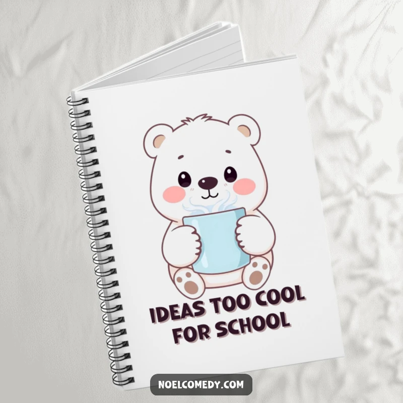 Funny notebook with a smiling polar bear character holding a steaming mug, perfect for jotting down notes.