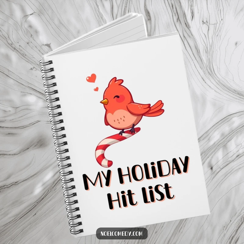 Funny Red Bird Notebook: A happy red bird sings on a candy cane, ideal for festive journaling and note-taking.