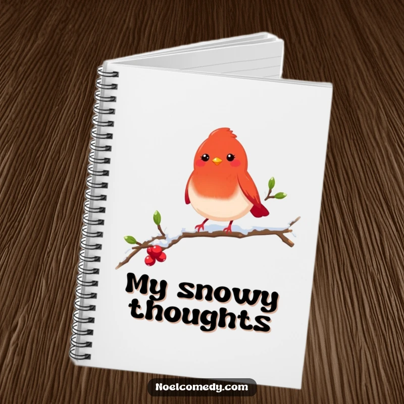 Funny red robin notebook with a cheerful bird on a snowy branch, ideal for writing and drawing winter-themed ideas.