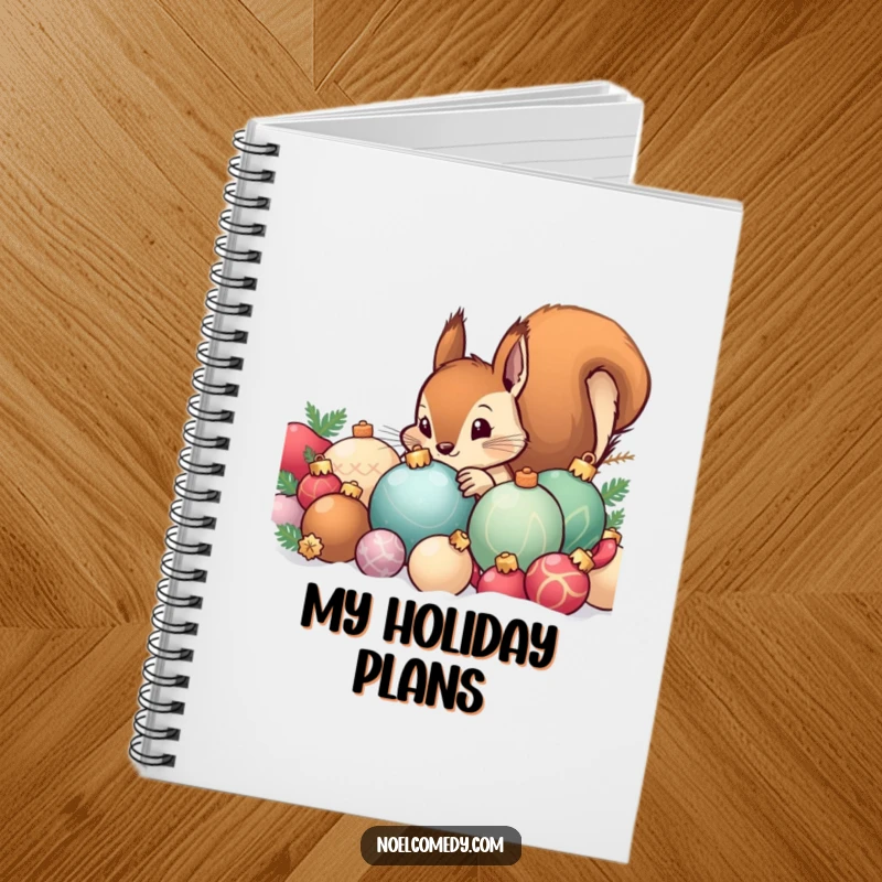 Funny notebook cover with a curious squirrel peeking from behind a pile of festive Christmas ornaments, inspiring holiday-themed writing.