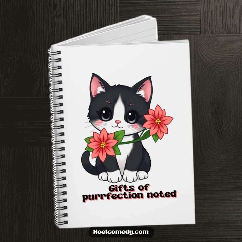 Funny notebook with a black and white cat wearing a poinsettia, perfect for journaling holiday thoughts and festive ideas.