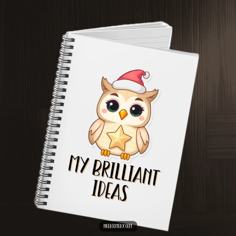 Funny notebook featuring a delighted owl in a festive hat holding a shimmering star, for journaling.