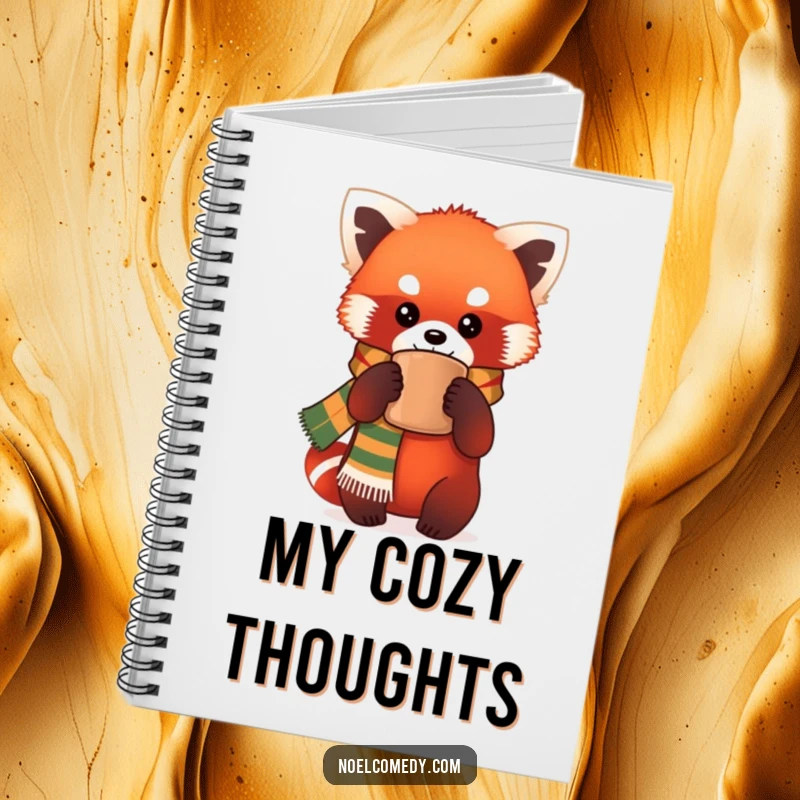 Funny Notebook: A red panda wearing a festive scarf holds a warm mug, featuring a humorous and cozy design for all your writing needs.