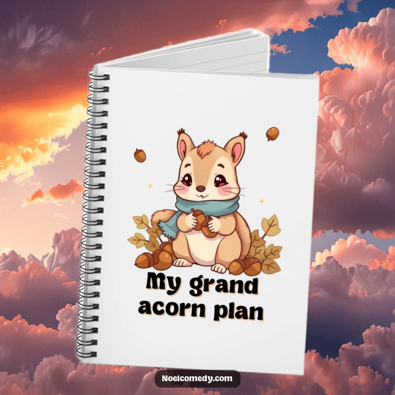 Funny Squirrel Notebook: Cute squirrel in a scarf collecting acorns, ideal for journaling and note-taking with a humorous touch.