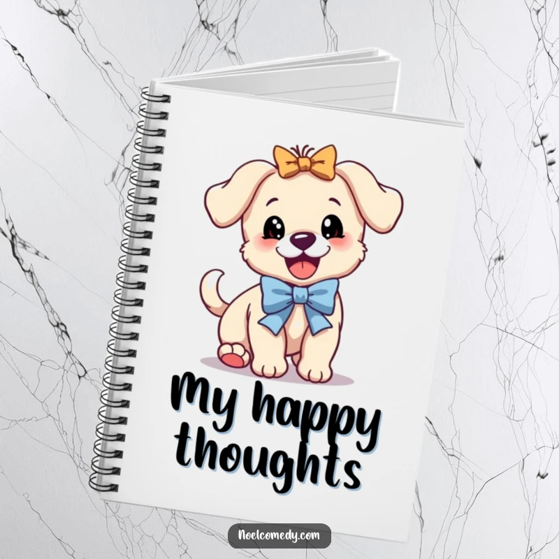 Funny notebook cover with a bouncing puppy wearing a festive bow, wagging its tail furiously, great for notes.
