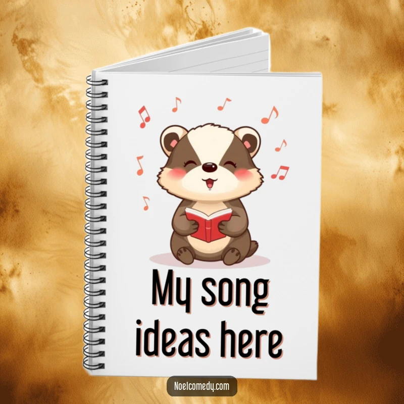 Funny notebook featuring a badger singing carols with musical notes, perfect for journaling.