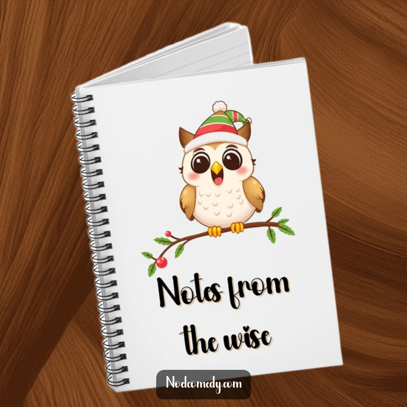 Funny notebook cover showing an excited owl in a festive hat on a decorated branch, great for notes.