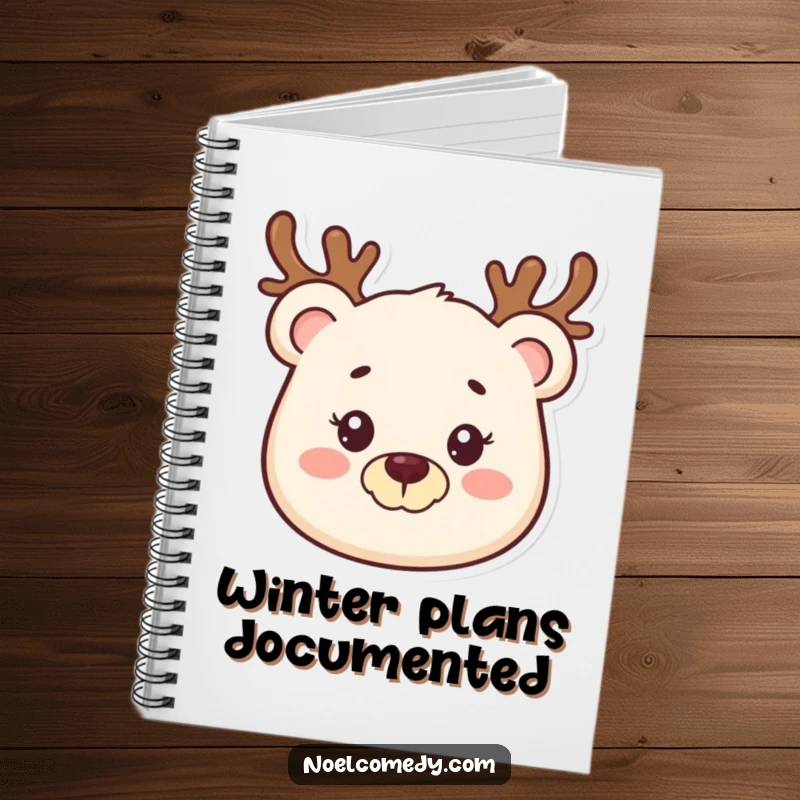 Funny notebook with a smiling bear wearing a reindeer antler headband, perfect for journaling holiday thoughts and festive ideas.