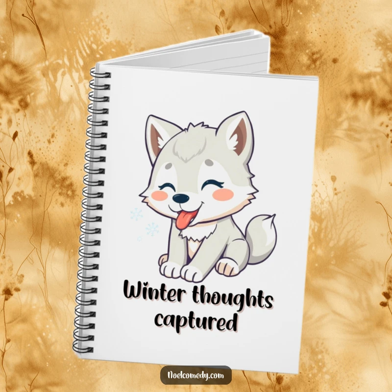 Funny notebook cover featuring a playful wolf pup catching snowflakes, inspiring winter-themed writing.