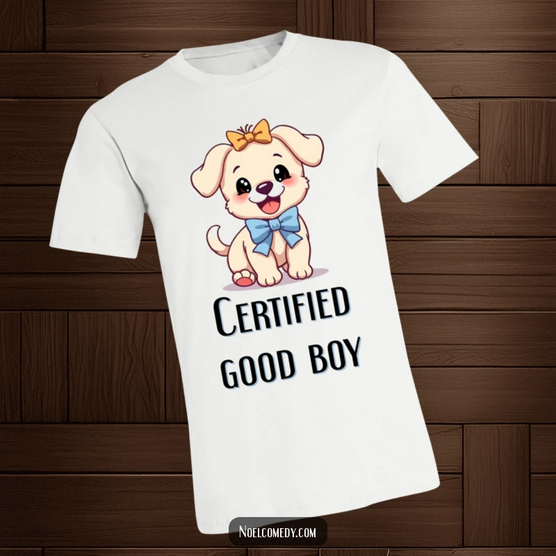 Funny t-shirt graphic of a bouncing puppy with a festive bow, wagging its tail furiously, full of energy.