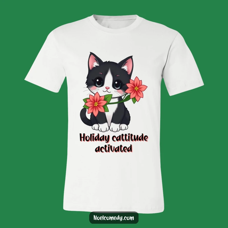 Cute Black Cat Poinsettia T-Shirt, Festive Feline Holiday Tee Gift