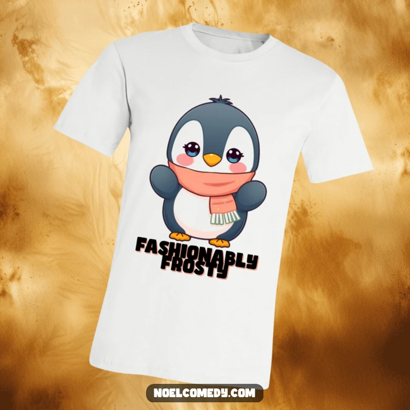 Funny t-shirt featuring a huggable penguin character dressed in a warm scarf and cozy mittens, emanating winter joy.