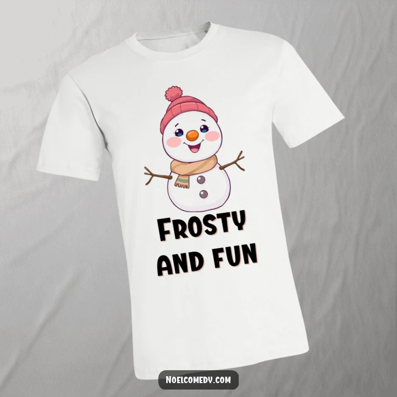 Funny snowman t-shirt showcasing a happy character with a carrot nose, perfect for winter fun and casual wear.